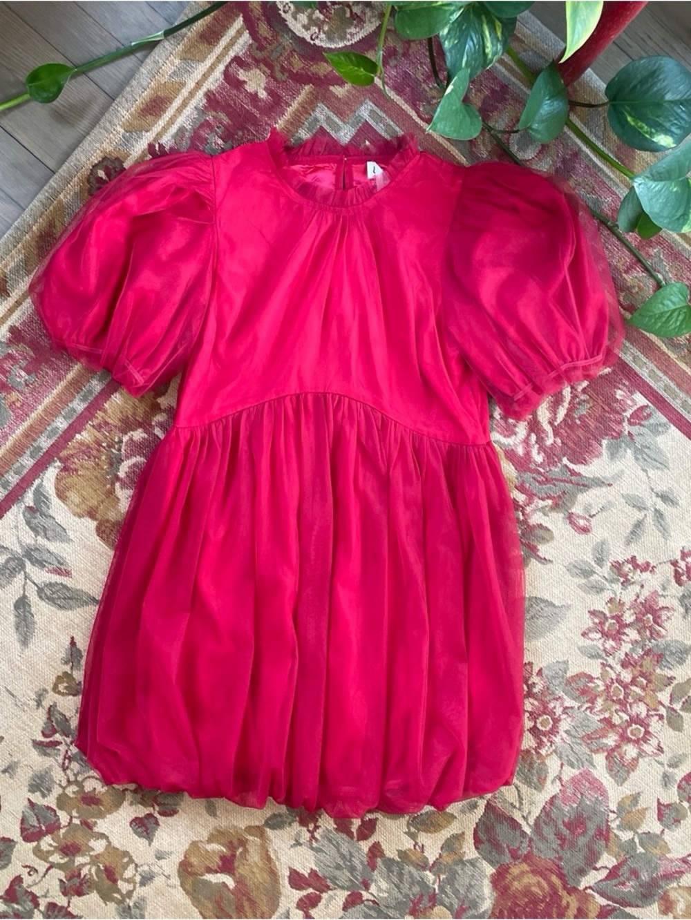 &Merci Boutique Red Overlay Coquette Bubble Dress With Babydoll Sleeves